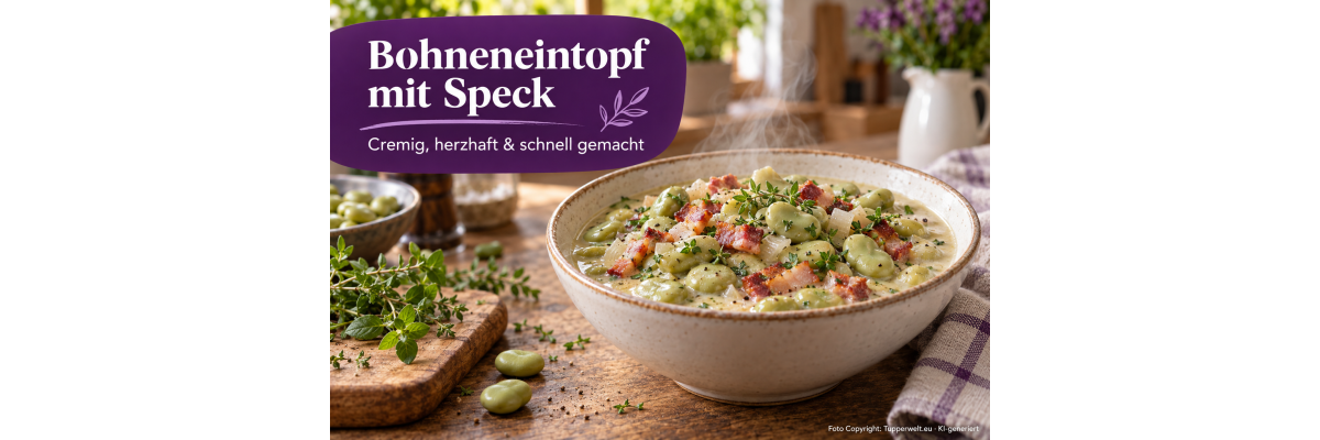 Schneller Bohneneintopf mit Speck - Cremiger Bohneneintopf mit Speck, Zwiebeln und Bohnenkraut. Ein herzhaftes und unkompliziertes Familiengericht, das in etwa 20 Minuten fertig ist.