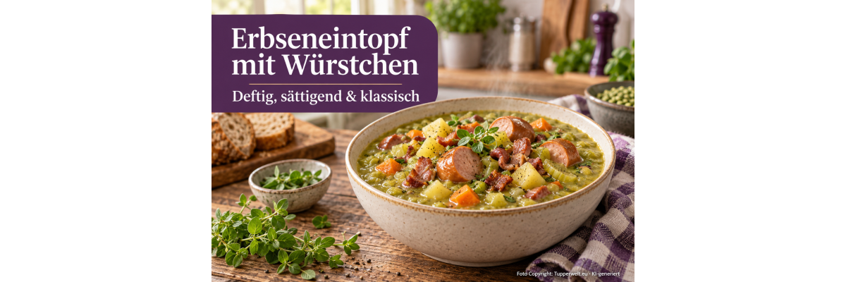 Klassischer Erbseneintopf mit Würstchen - Klassischer Erbseneintopf mit Kartoffeln, Suppengemüse, Speck und Würstchen. Ein deftiges und sättigendes Familiengericht für kalte Tage.