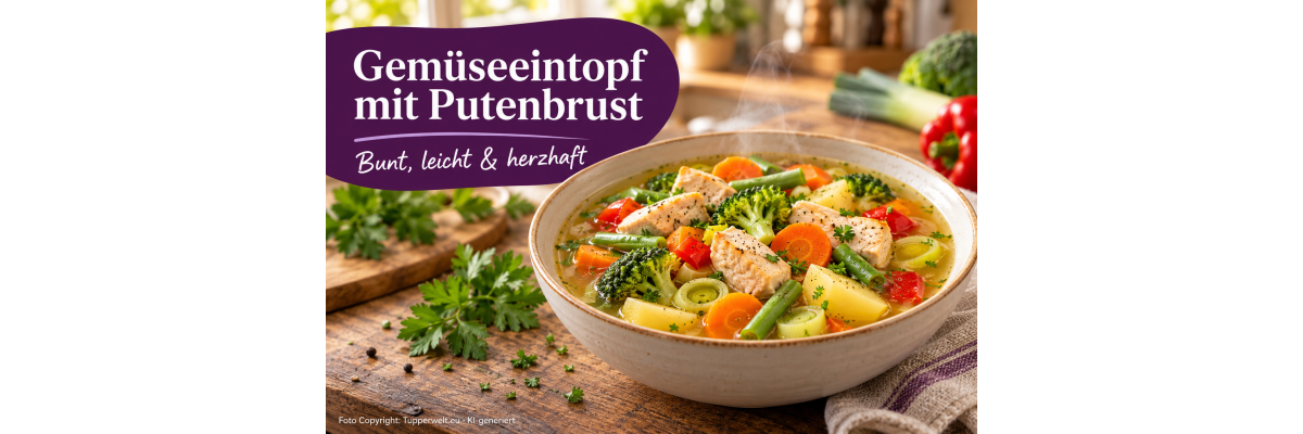 Bunter Gemüseeintopf mit Putenbrust - Bunter Gemüseeintopf mit Putenbrust, Kartoffeln, Brokkoli, Karotten und grünen Bohnen. Ein leichtes und herzhaftes Familiengericht.