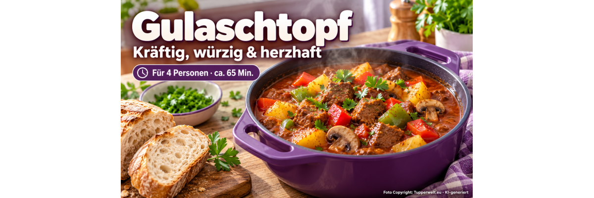 Gulaschtopf mit Rindfleisch, Paprika und Kartoffeln - Herzhafter Gulaschtopf mit Rindfleisch, Kartoffeln, Paprika und Champignons – kräftig gewürzt und in etwa 65 Minuten zubereitet.